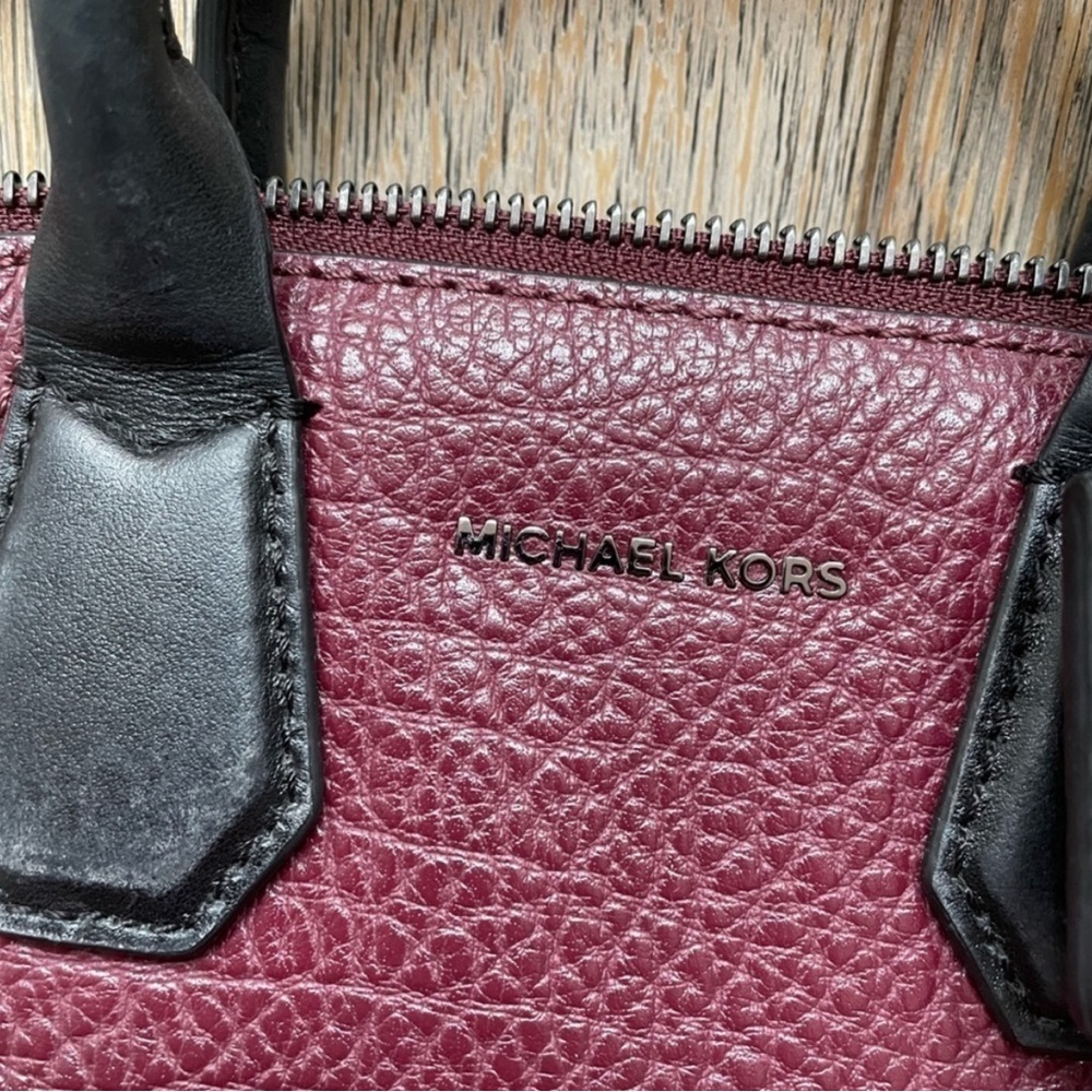 Michael Kors Mini Satchel Pebbled Crossbody Bag Burgundy/ black